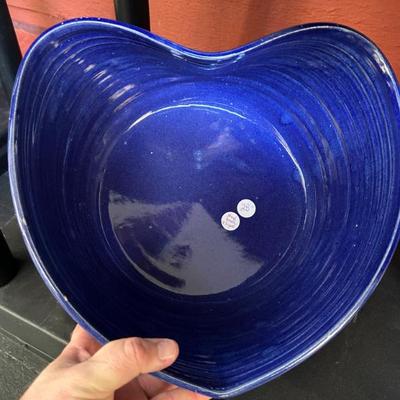 Handmade deep pottery bowl in shape of a heart. Signed. 