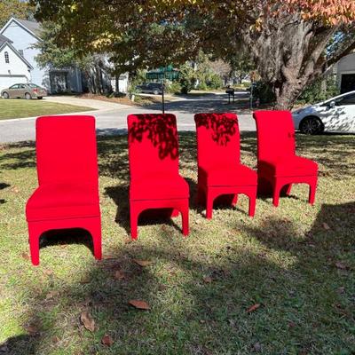 Sale Photo Thumbnail #41: Set of 4 red swivel dining room chairs. 