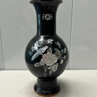 Sale Photo Thumbnail #263: Vitnage mother of pearl inlay enameled brass vase. 