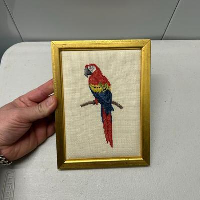 Sale Photo Thumbnail #296: Vintage macaw cross framed wall hanging.  