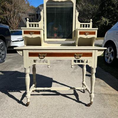 Sale Photo Thumbnail #45: Antique 19th Century Cope & Austin vanity with original mirror. Measures 41.5 inches wide x 21 inches deep x 57 inches tall. 
