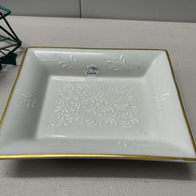 Sale Photo Thumbnail #342: Hand painted gold rimmed rectangular catchall dish. Made in Limoges France. 