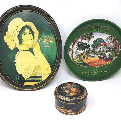 Vintage Tin Advertisement Trays And Powder Puff Tin Box - Coca-Cola & Southern Comfort