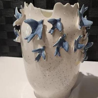 Blue Speckled Ceramic Vase with Raised Blue Birds Detail 