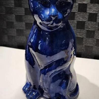 Blue Glazed Clay Cat 15" Tall 