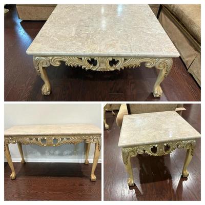 Set of 4 Faux Marble-Top Tables with Ornate Painted Wood Bases (sofa table, 1 coffee plus 2 end)