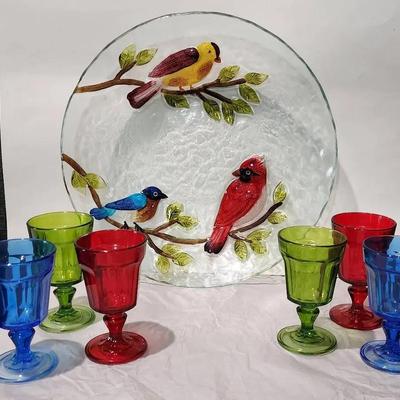 Set of 6 multi- colored Water Goblets & Large Glass Dish with Birds