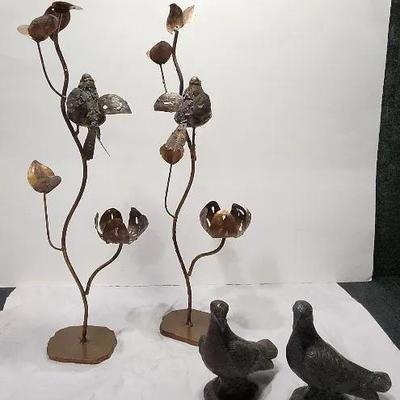 2 Metal Bird & Flower Sculptures and 2 Cast Iron Bird Figurines 