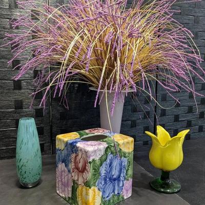 Hand-painted Ceramic Tissue Holder, Glass Tulip Candle Holder, and Caithness Fleck Art Glass Vase