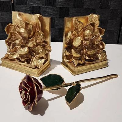 Gold Floral Bookends & Glass Rose