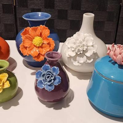 Sculpted Flower Vases and Lidded Trinket Dish (one small chip)