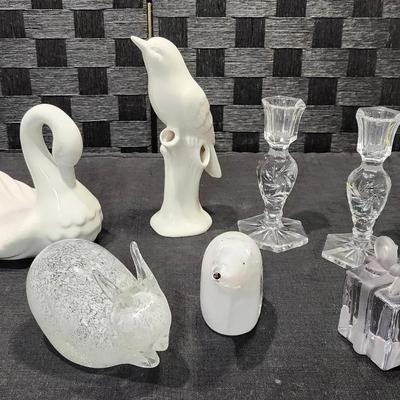 Ceramic Swan, Bird & Blown Glass Bunny & Polar Bear, Glass Candlestick Holders