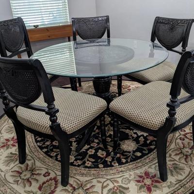 Pedestal Dining Table with Round Glass Top, and 4 Cane-back Dining Chairs (plus one counter height) 