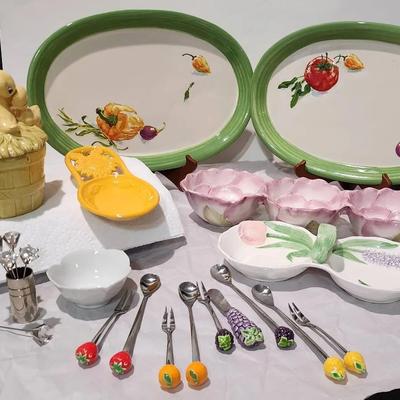 Large Lot of Floral, Fruit, & Veggie, Decorated Serving Dishes