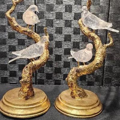 Gold Tree Sculptures with Glass Birds