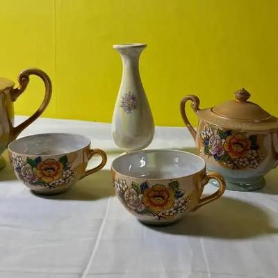 Vintage Floral Ceramic Tea Set with Mini Vase 