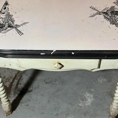 Vintage Farmhouse Table with Porcelain-Style Top & 2 Matching Chairs – As-Is