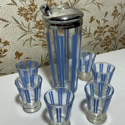 Vintage Blue Stripe Cocktail Shaker Set with Six Glasses