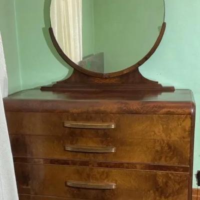 Art Deco Waterfall Vanity Dresser with Round Mirror