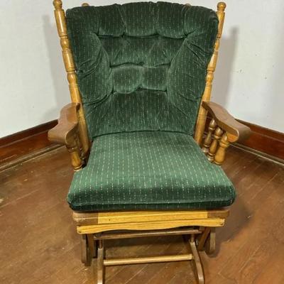 Vintage Oak Glider Rocking Chair with Green Tufted Cushions