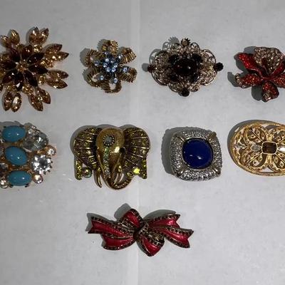 9 Jeweled Brooches 