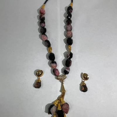 Gold Tone And Purple Gem Necklace And Earrings
