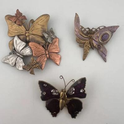 3 Assorted Metal Toned Butterfly Brooches 