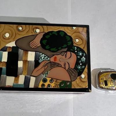 Art Nouveau Painted Decorative Wood Box And Pill Case