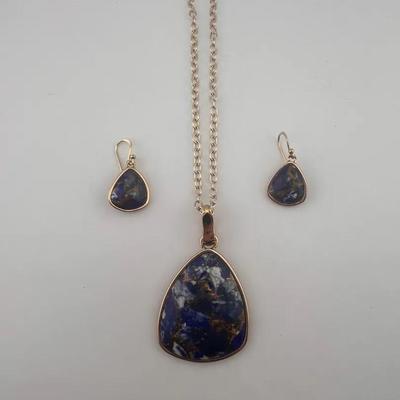 Barse Lapis And Gold Tone Necklace Earring Set