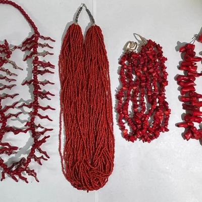 4 Red Coral And Bead Necklaces