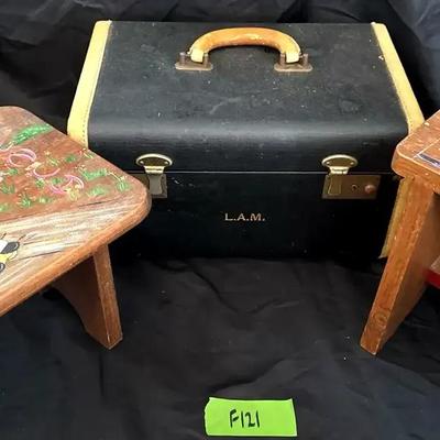 Lot 121:  Vintage Mickey & Minnie Mouse Painted Benches with Monogrammed Travel Case 