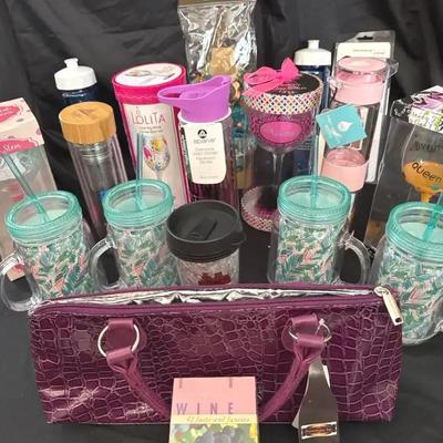 Lot 114:  Wine & Beverage Lovers Gift Lot – Insulated Wine Clutch, Lolita Glass, Tumblers & Infusion