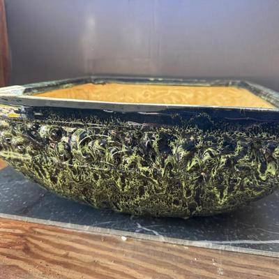 507: Mid-Century Drip Glaze Art Pottery Planter – Green & Black, 14” Wide