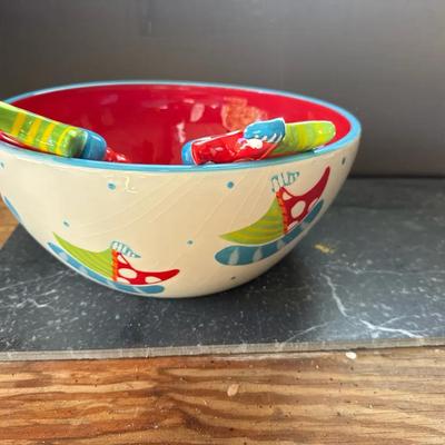 509: Hand-Painted Sailboat Salad Bowl & Server Set – Coastal Ceramic Design