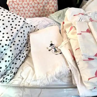 Lot 130:  King Down Cover, Full Mattress Cover, Three Sets Full Sheets, Towels