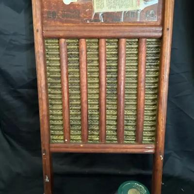 Lot 118:  Antique Columbus Washboard Co. “Standard Family Size No. 801” Washboard with Button Jar Co