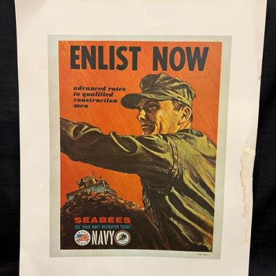 Lot 407: Vintage U.S. Navy “Enlist Now – Seabees” Recruitment Poster – 20x16