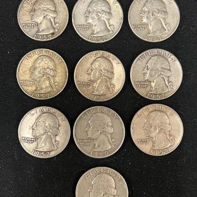 Lot 342: 10 Washington Quarters (1957–1961) – 90% Silver Lot