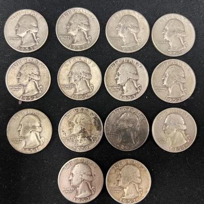 Lot 343: 14 Washington Quarters (1952–1957) – 90% Silver Lot