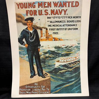 Lot 412: Vintage U.S. Navy “Young Men Wanted for U.S. Navy” Recruitment Poster – 20x16