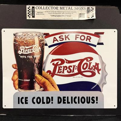 Lot 401: Pepsi-Cola “Ask For Pepsi-Cola” Collector Metal Sign – Ice Cold! Delicious! – Retro Reprodu