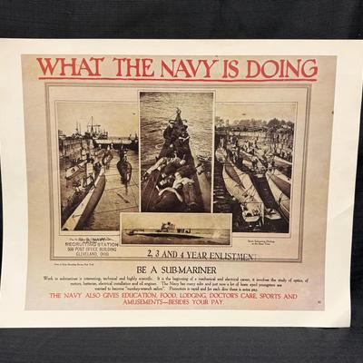 Lot 422: Vintage U.S. Navy “What the Navy Is Doing – Be a Submariner” Recruitment Poster – 20x16