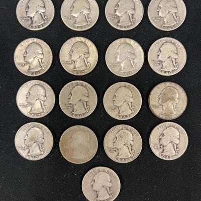 Lot 345: 16 Washington Quarters (1939–1942) – Early 90% Silver Lot