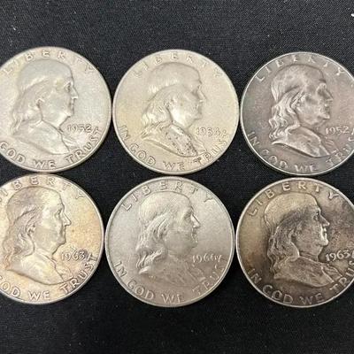 Lot 336: 6 Franklin Half Dollars (1952–1963) – 90% Silver