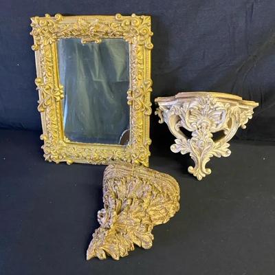 Mirror And Two Baroque Wall Shelf Sconces 