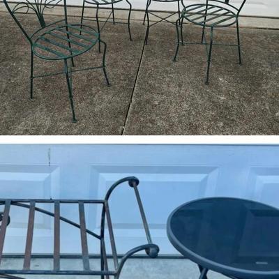 Four Green Wrought Iron Chairs with Bench and Table 
