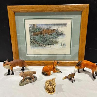 At The Water’s Edge. Red Fox Lithograph Signed & Numbered By Daniel Van Zyle + Figurines