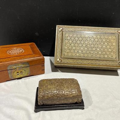 Syria Inlaid Box, Handcarved Soapstone Box & Hong Kong Playing Card Box