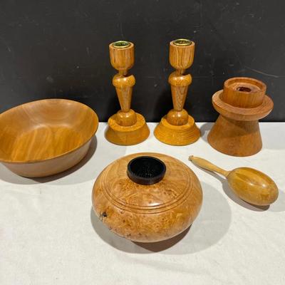 Burlwood Flower Frog Vase, Teak Candlestick+ More