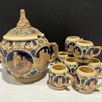 Gerz German Rumtopf Castle Schloss Tureen Stoneware Punch Bowl & Mugs 